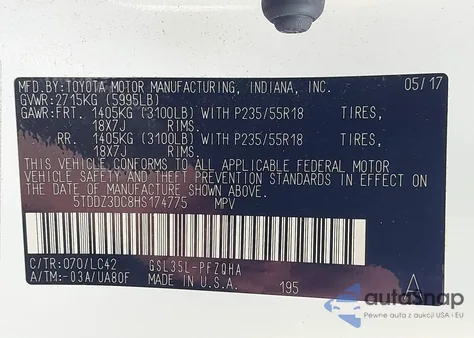 2017 Toyota Sienna Xle 7 Passenger z USA, uszkodzony, nr VIN 5TDDZ3DC8HS174775